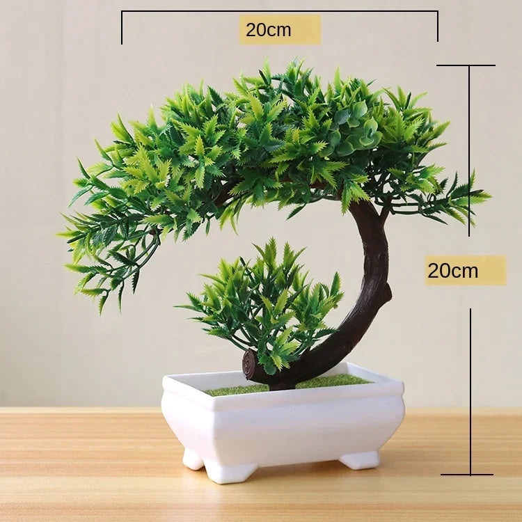 Bonsaï artificiel en pot, petit arbre pour maison et jardin, feuillage fin et dentelé sur tronc courbé, pot rectangulaire blanc, dimensions 20 x 20 cm (vue 23) - Nesty