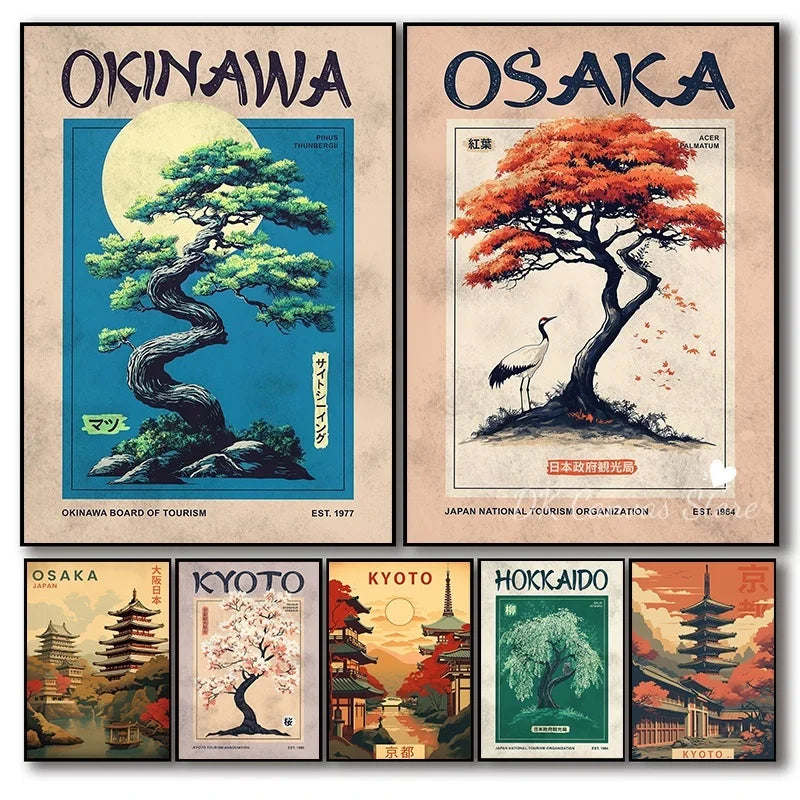 Toile murale illustrée — scène japonaise vintage - Nesty, planche d'affiches de villes japonaises avec pin bonsaï et pagodes