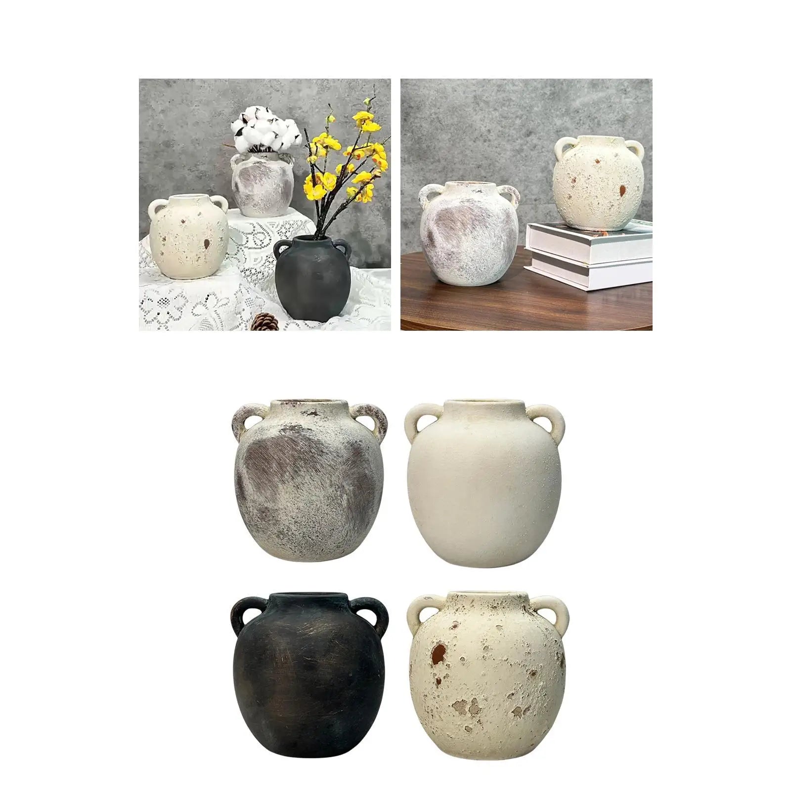 Vase rustique en céramique — esprit wabi-sabi - Nesty - Mise en scène sur table en bois avec livres empilés, second exemplaire moucheté beige en arrière-plan