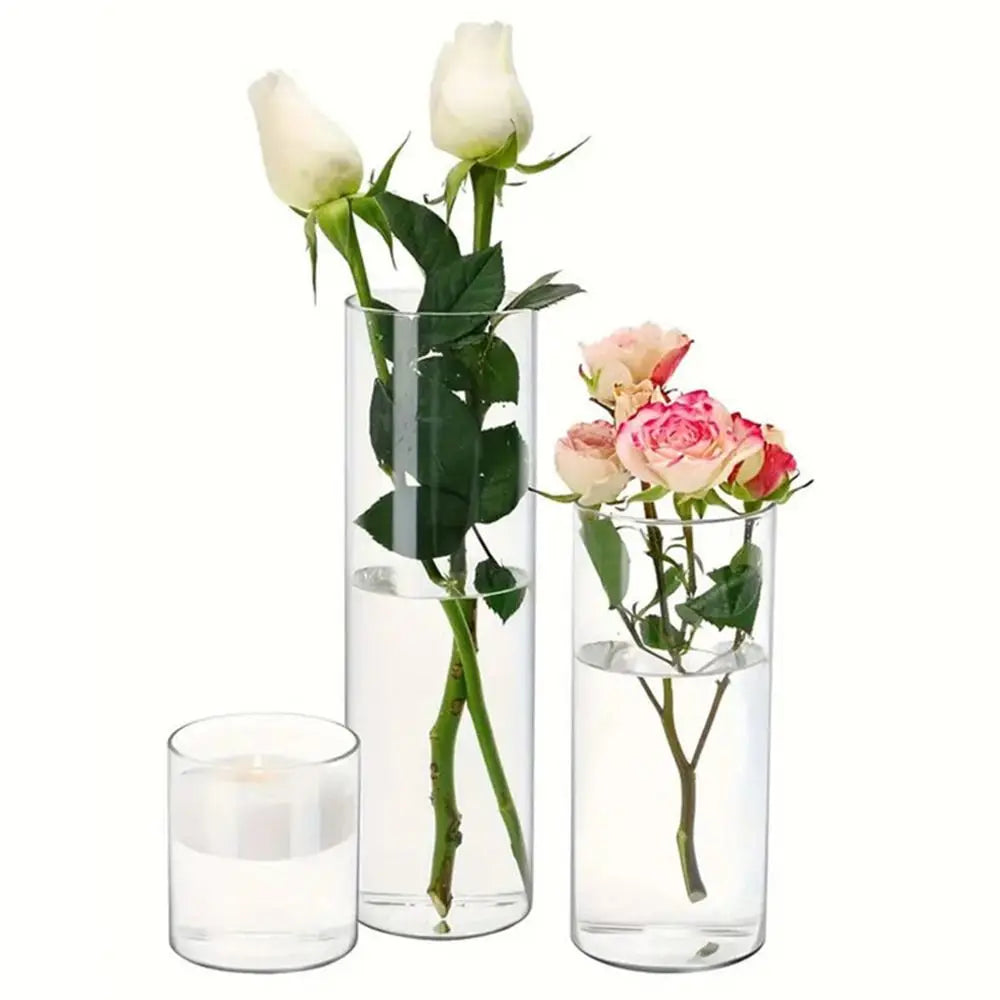 Vase cylindre en acrylique incassable Nesty - Trois tailles avec roses blanches, roses roses et bougie