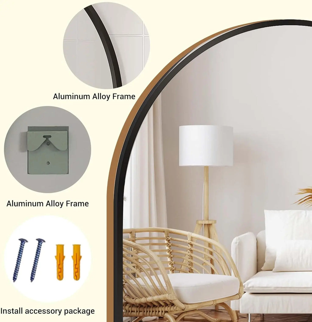 Miroir cintré cadre métal Nesty - Noir ou doré, comparatif miroir fissuré localement contre miroir ordinaire brisé en éclats, argument sécurité
