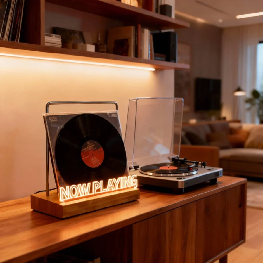 Support lumineux pour vinyle Nesty - Présentoir allumé dans un salon avec étagère à livres éclairée