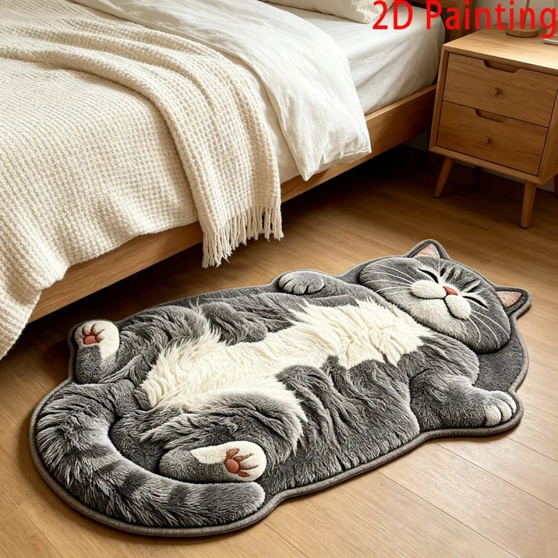 Tapis en forme de chat gris et blanc allongé sur le dos, posé au sol devant un lit et une table de chevet en bois.