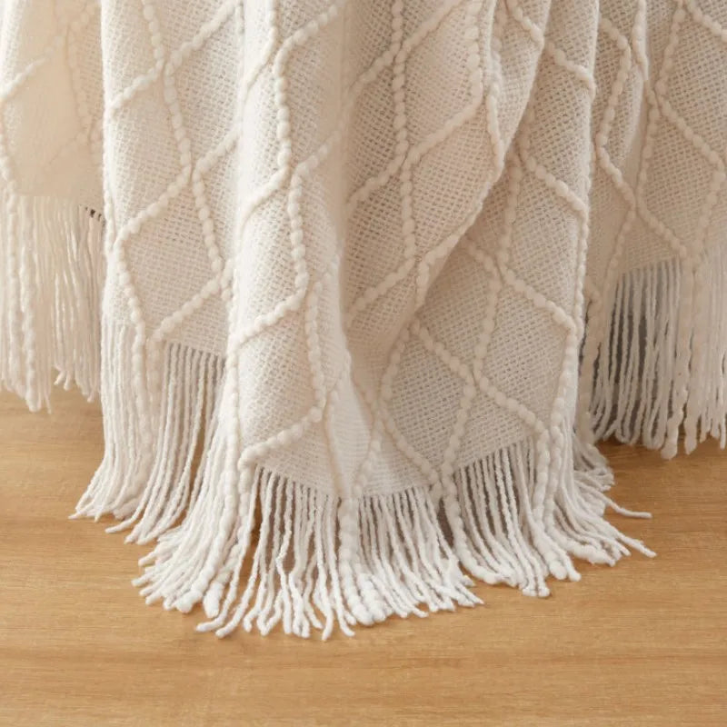 Plaid tricoté bohème blanc cassé oversize à franges (vue 5) - Nesty