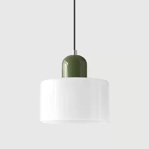 Suspension luminaire pour chevet et salle à manger, abat-jour cylindrique blanc et culot vert kaki (vue 26) - Nesty