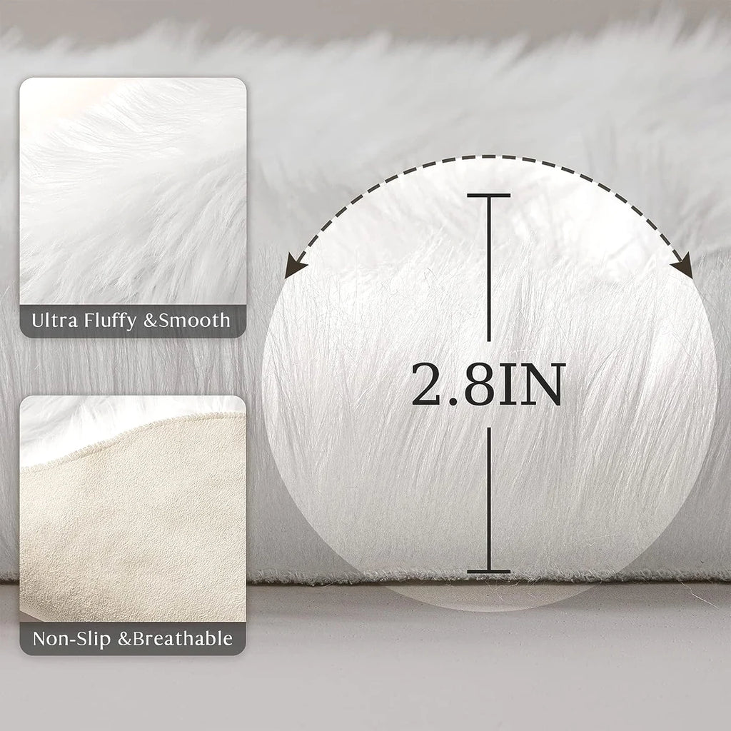 Petit tapis rond moelleux Nesty - Plusieurs coloris, zoom sur les fibres blanches et schéma de dimensions 2,8 pouces