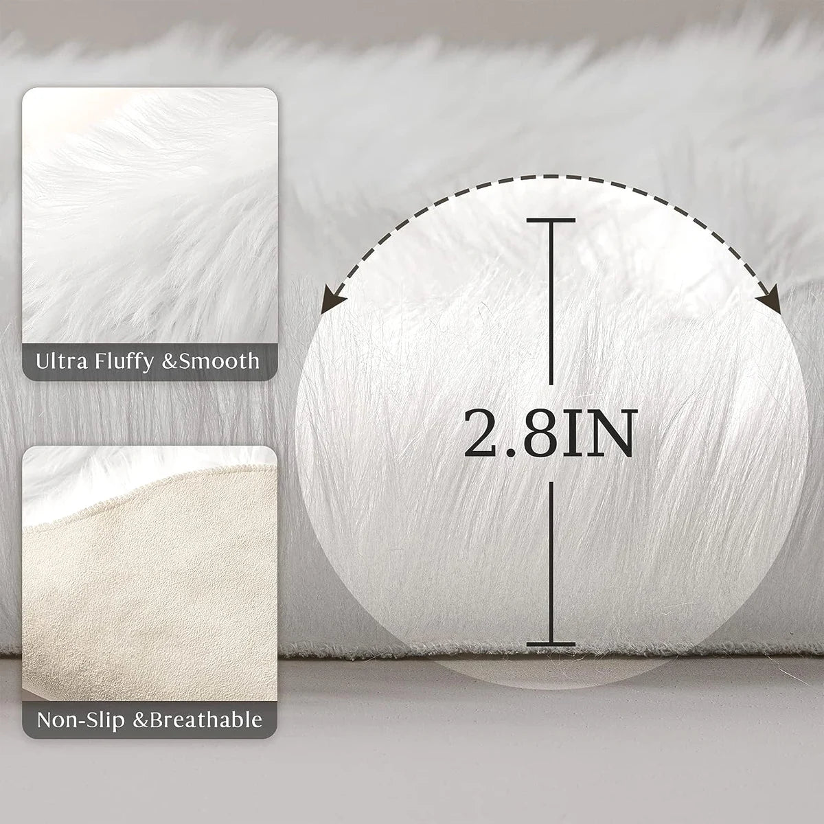 Petit tapis rond moelleux Nesty - Plusieurs coloris, zoom sur les fibres blanches et schéma de dimensions 2,8 pouces