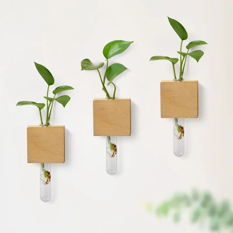 Mini vase tube aimanté en bois Nesty - Trois modèles alignés sur un mur avec pothos