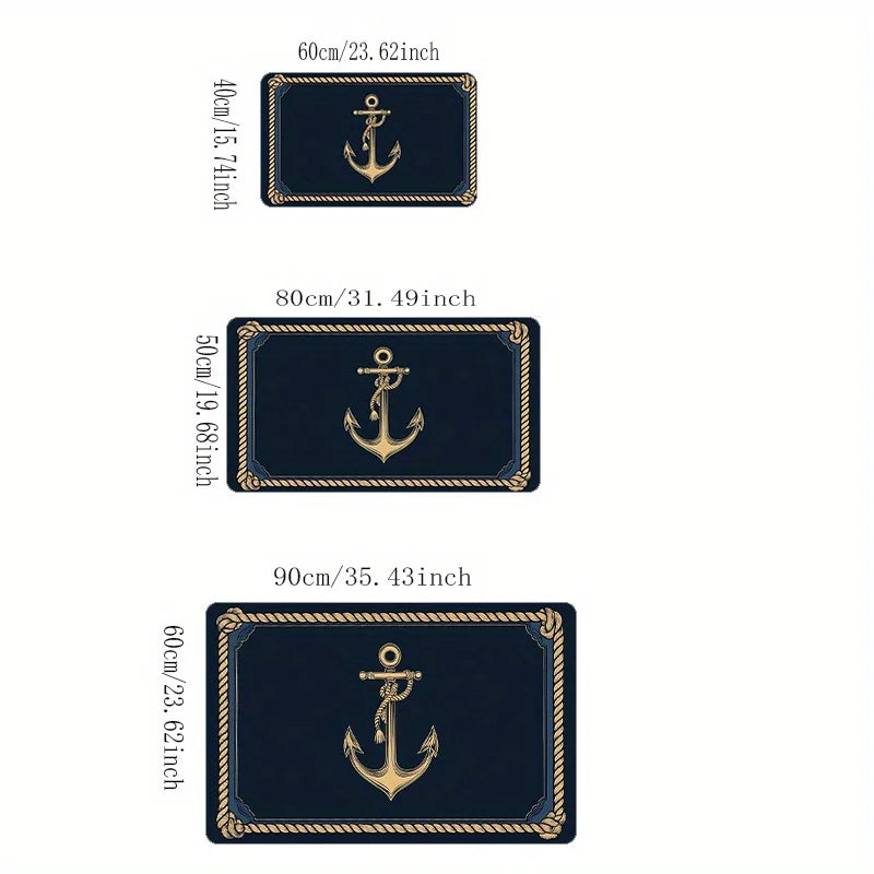 Paillasson flanelle motif ancre marine, bordure corde dorée, antidérapant - Nesty (vue 5)