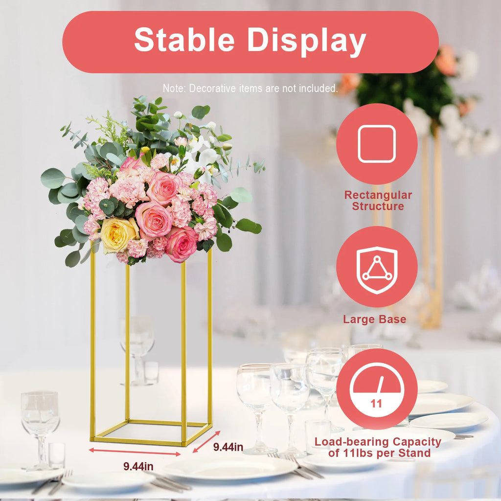 Support floral en métal doré Nesty - Visuel 'Stable Display', dimensions 24 x 24 cm, structure rectangulaire (texte en anglais)