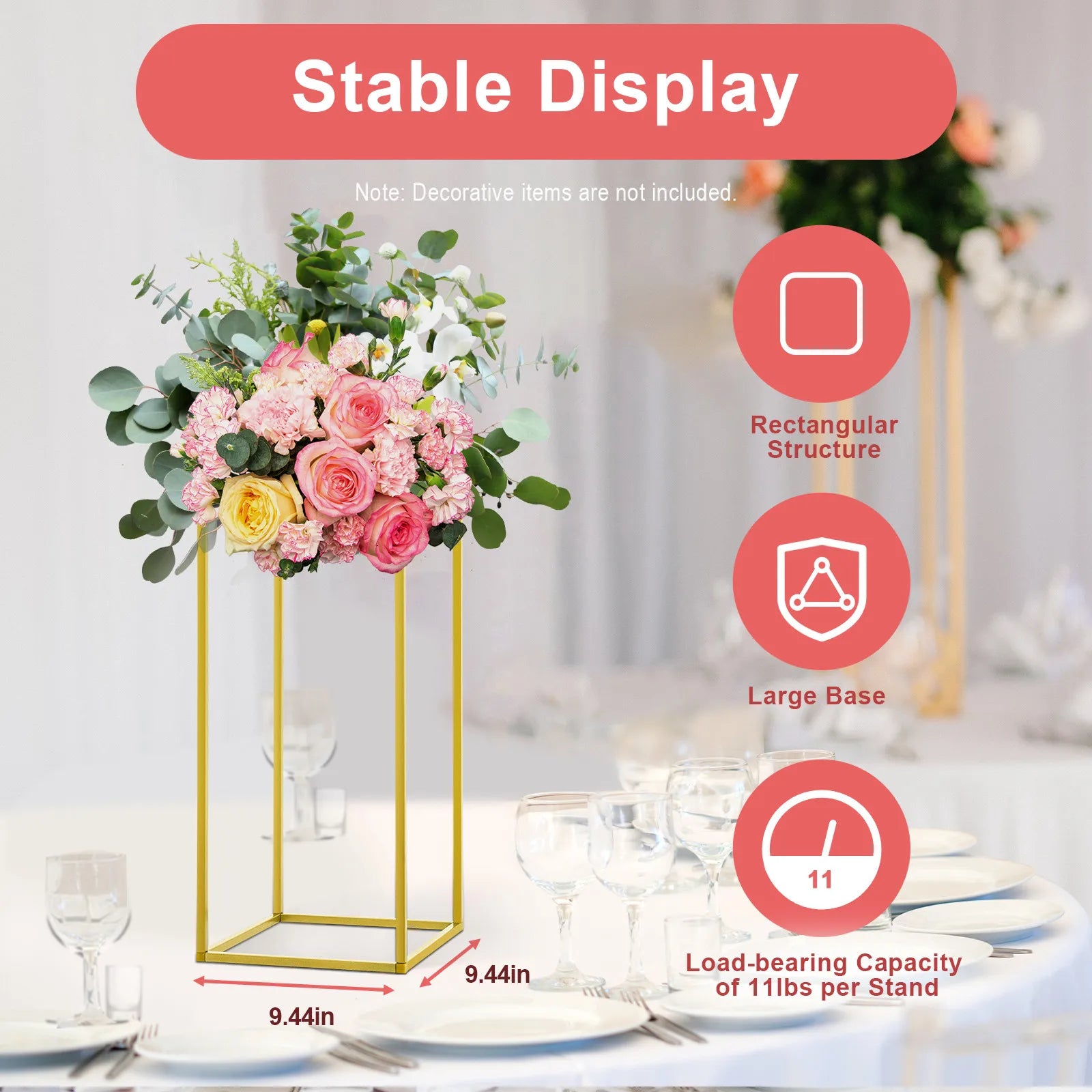 Support floral en métal doré Nesty - Visuel 'Stable Display', dimensions 24 x 24 cm, structure rectangulaire (texte en anglais)