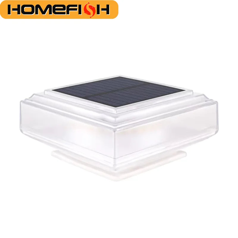 Lampe solaire de poteau Nesty - Vue produit transparente avec panneau solaire, marque Homefish, sur fond blanc