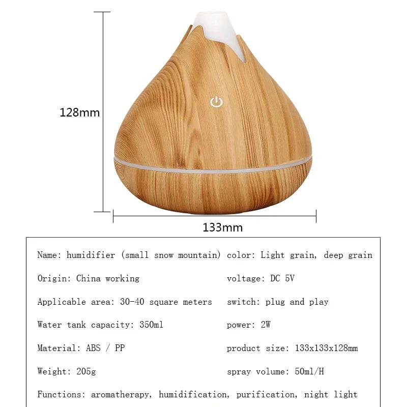 Diffuseur d'huiles essentielles en bois Nesty - Fiche technique avec dimensions 128x133mm et capacité 350 ml