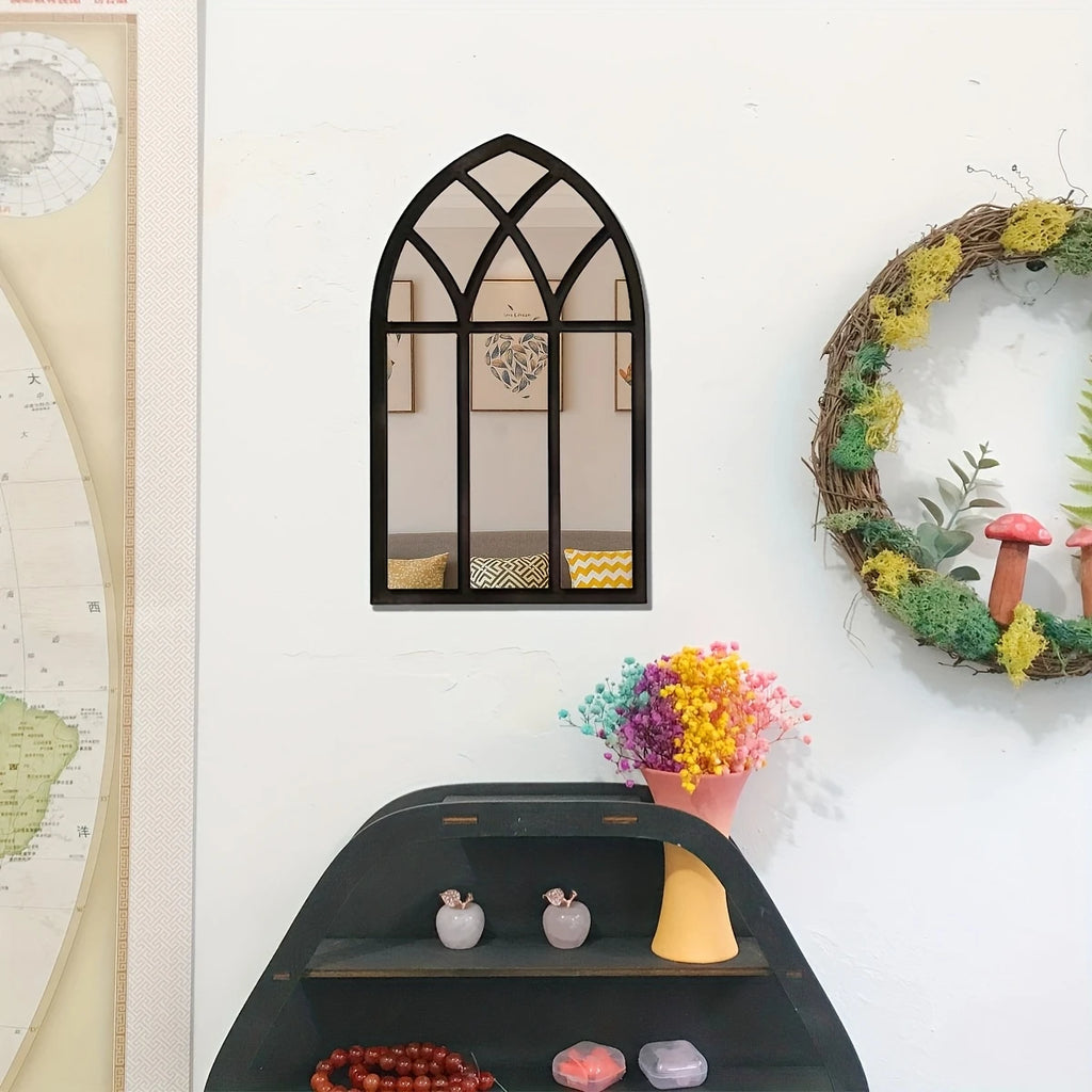 Miroir fenêtre en bois et acrylique Nesty - Format simple, accroché dans une entrée au-dessus d'un meuble sombre avec fleurs séchées et couronne végétale