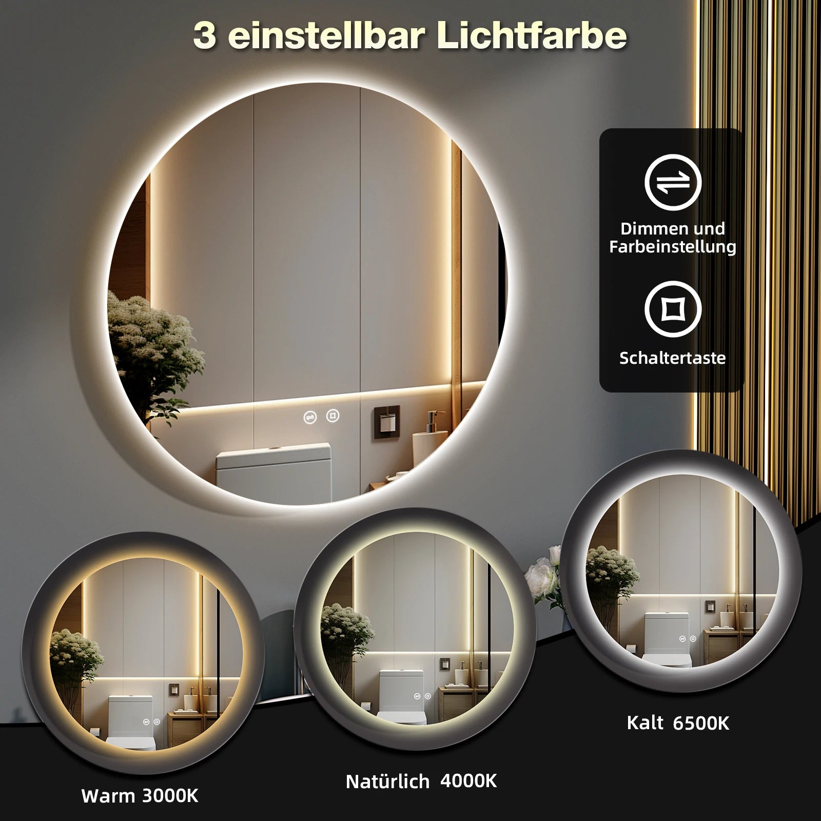 Miroir de salle de bain rond LED Nesty - Comparaison des trois températures de lumière, chaude, naturelle et froide