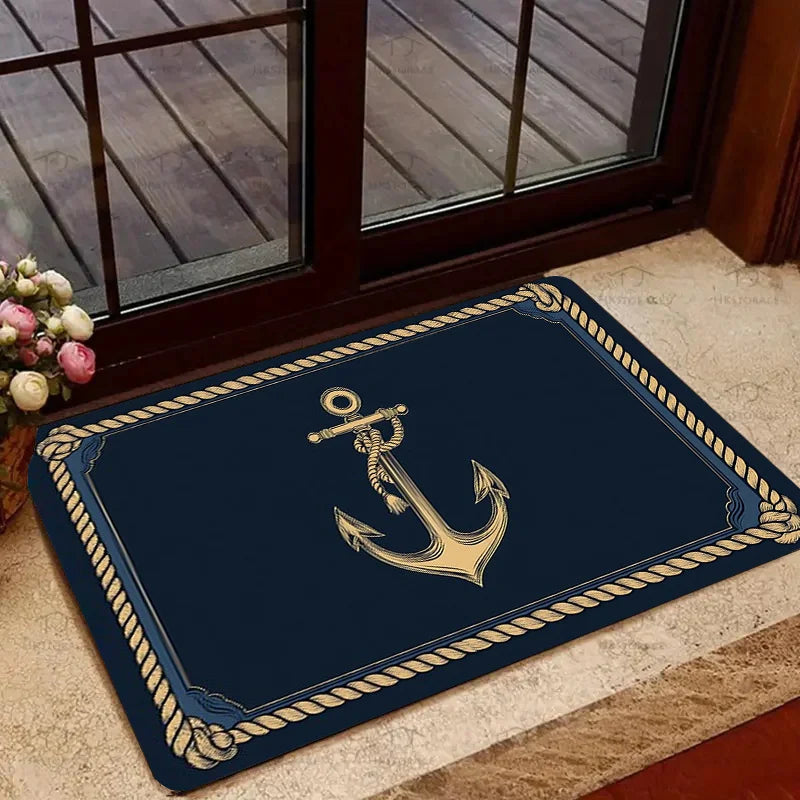 Paillasson flanelle motif ancre marine, bordure corde dorée, antidérapant - Nesty (vue 1)