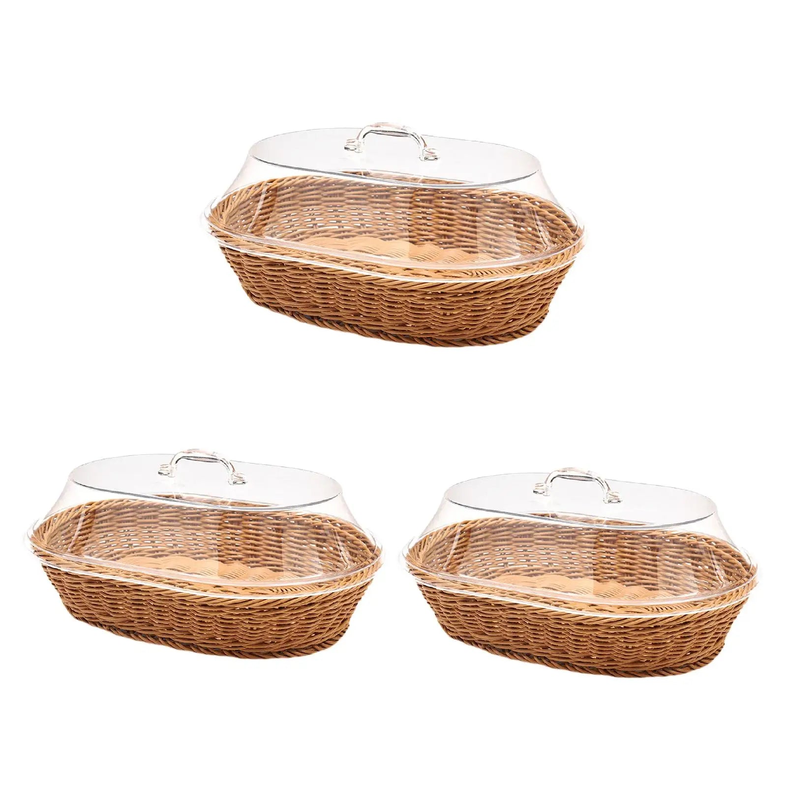 Corbeille à pain tressée effet rotin avec couvercle acrylique Nesty, trois corbeilles identiques avec cloche acrylique sous un autre angle, fond blanc