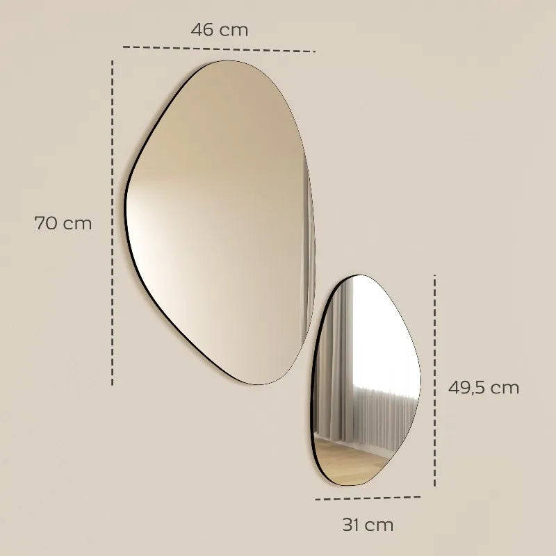 Duo de miroirs muraux galets à cadre noir fin, avec cotes techniques : 70 x 46 cm et 49,5 x 31 cm - Nesty