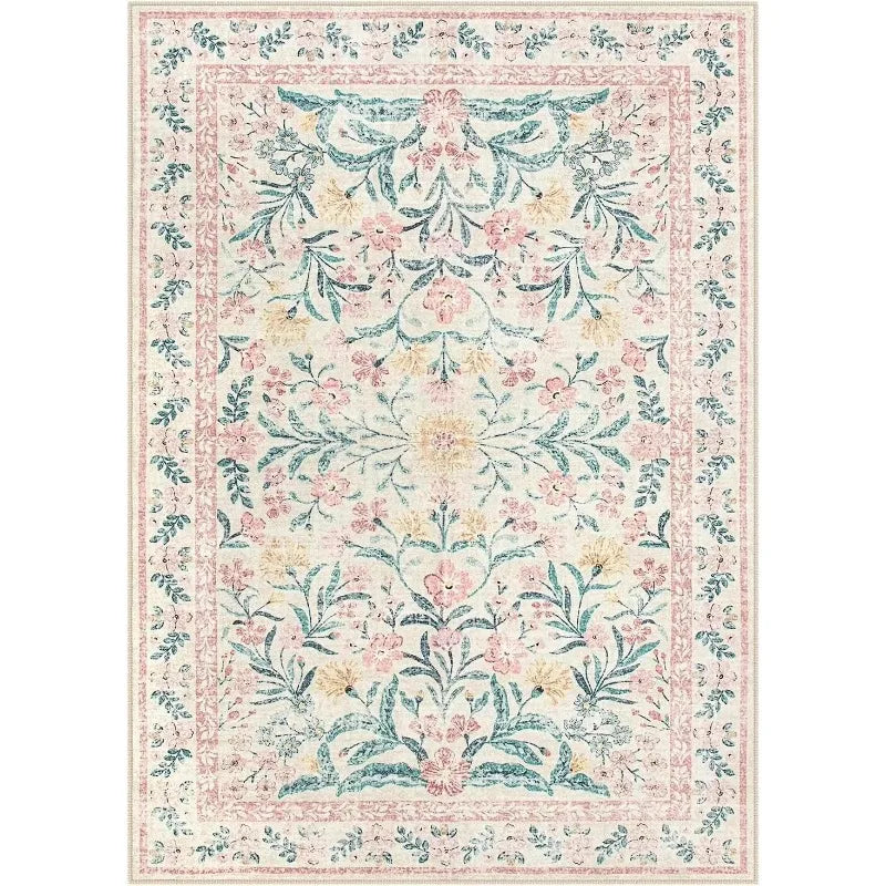 Tapis fleuri bohème rose Nesty - Flanelle douce, motif floral rose et vert sur fond ivoire à bordure fleurie