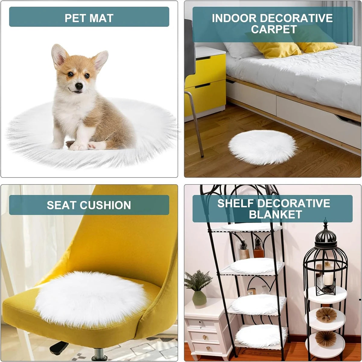 Petit tapis rond moelleux Nesty - Plusieurs coloris, exemples d'usage : coussin pour chiot, tapis de chevet, assise de chaise, étagère