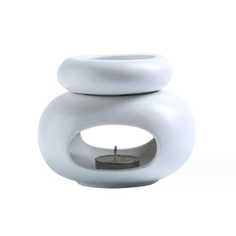 Brûle-parfum en céramique grande capacité Nesty - Modèle blanc avec bougie chauffe-plat, sur fond blanc