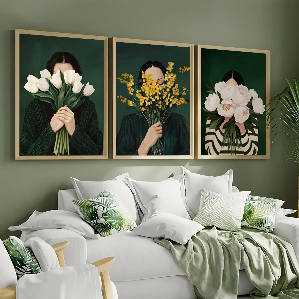 Toile imprimée silhouette abstraite aux fleurs Nesty - Trois affiches encadrées de femmes aux tulipes blanches, mimosas jaunes et pivoines