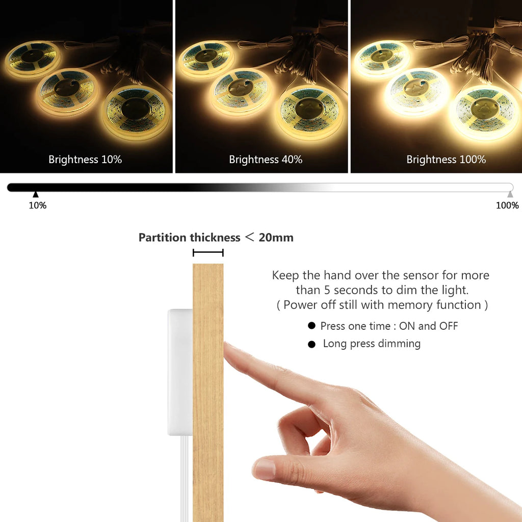Ruban LED tactile pour dressing et cuisine Nesty - Comparatif de luminosité 10/40/100% et capteur tactile sur bois
