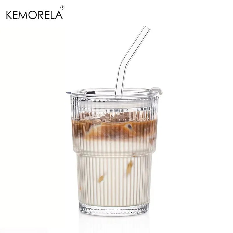 Verre à rayures en verre transparent 380 ml, avec couvercle et paille (vue 7) - Nesty