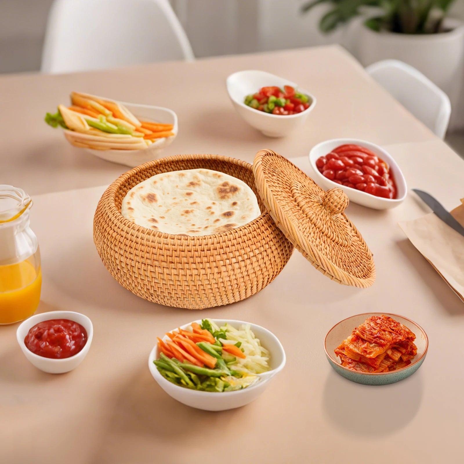 Panier de rangement artisanal en rotin naturel avec couvercle Nesty, panier ouvert garni de pain plat, entouré de bols de légumes, salsa et jus d'orange