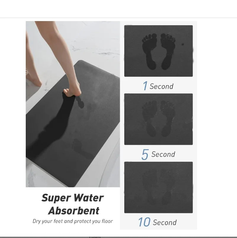 Tapis de cuisine noir montrant sa capacité d'absorption : empreintes de pieds mouillés qui s'estompent en 1, 5 puis 10 secondes.
