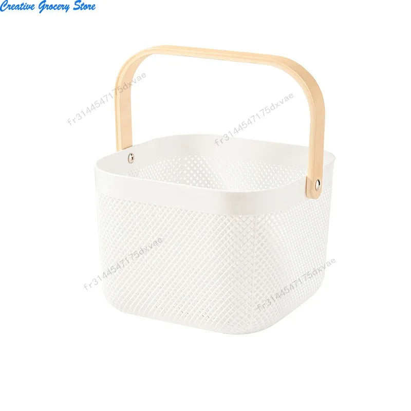 Panier de rangement ajouré en plastique avec poignée bois Nesty, coloris blanc vide, vue produit sur fond blanc