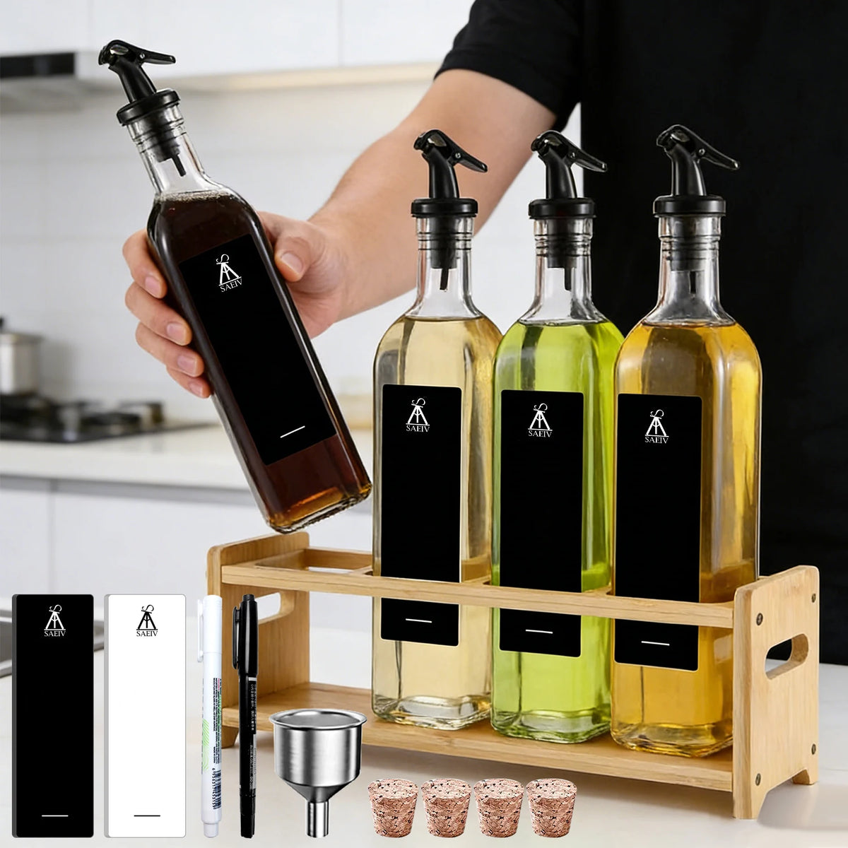 Set huile et vinaigre en verre sur support en bambou - Nesty (vue 1)