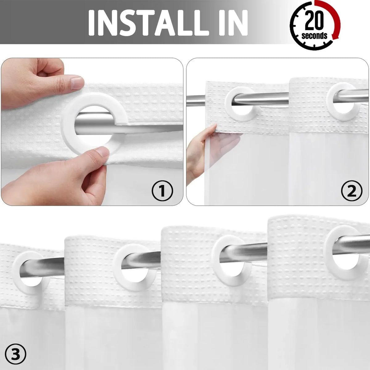 Rideau de douche gaufré blanc à clips — set sans crochets - Nesty (vue 3)
