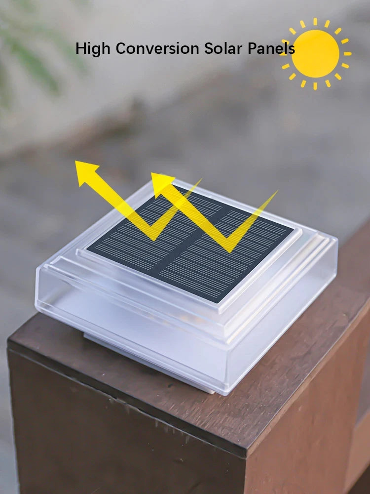 Lampe solaire de poteau Nesty - Gros plan sur le panneau solaire à haute conversion posé sur un poteau en bois