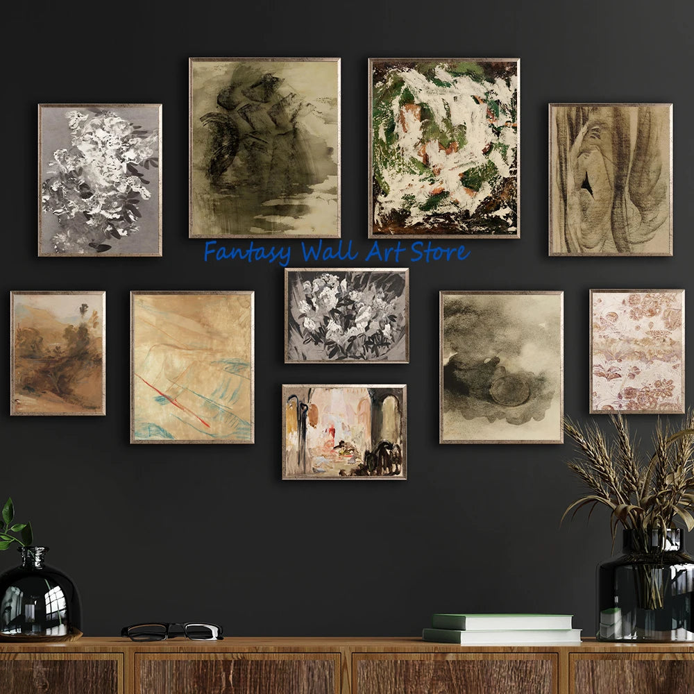 Toile imprimée abstraite terreuse Nesty - Composition murale de dix tableaux abstraits aux tons terreux sur fond noir