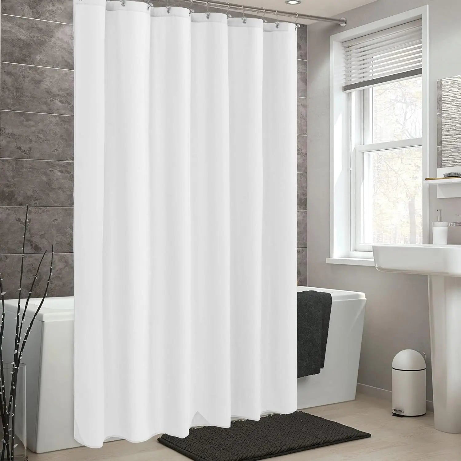 Rideau de douche blanc en polyester doux, ourlet lesté et renforcé - Nesty (vue 2)