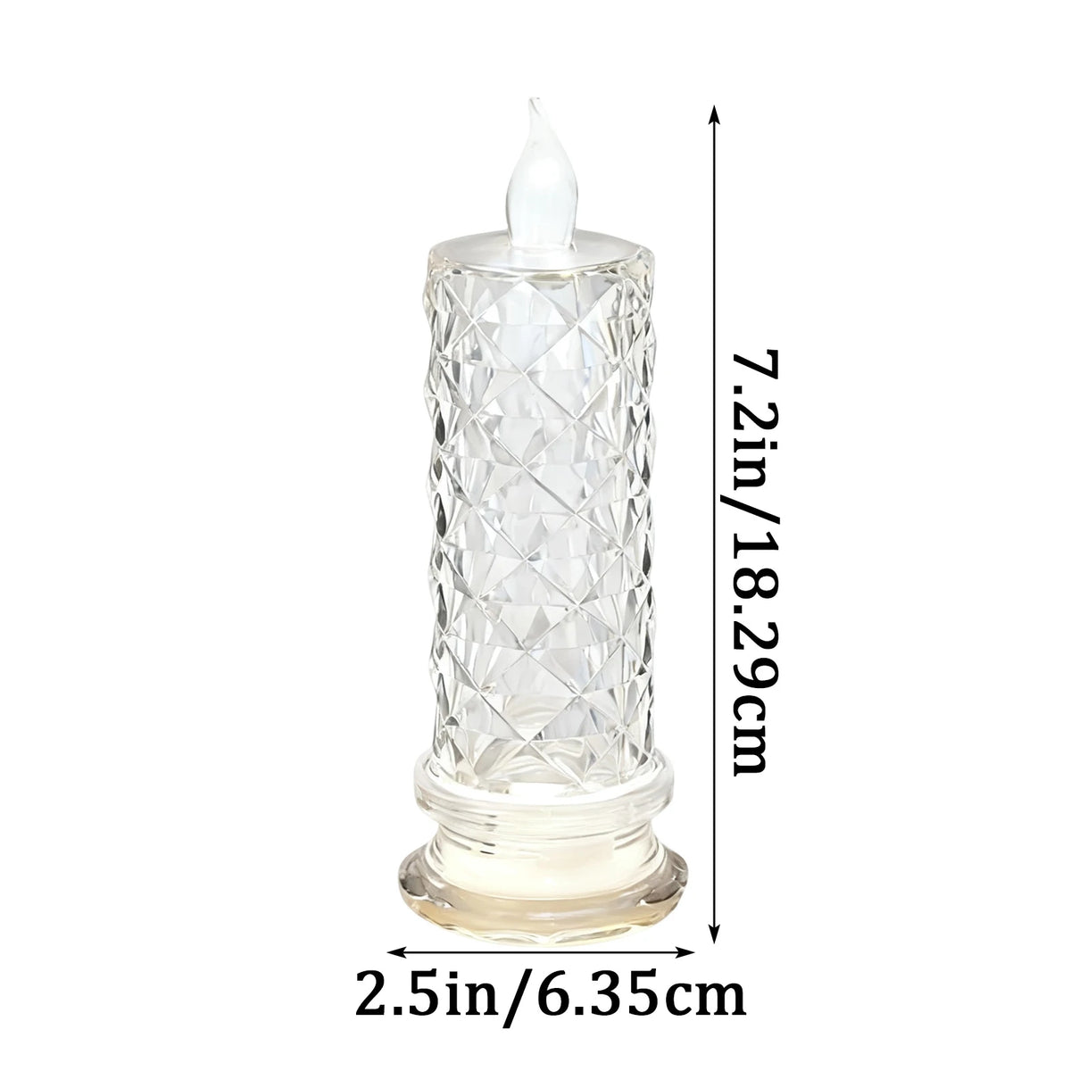 Bougie LED sans flamme, forme rose en cristal Nesty, fiche dimensions de la bougie LED en verre taillé : hauteur 18,29cm, diamètre 6,35cm