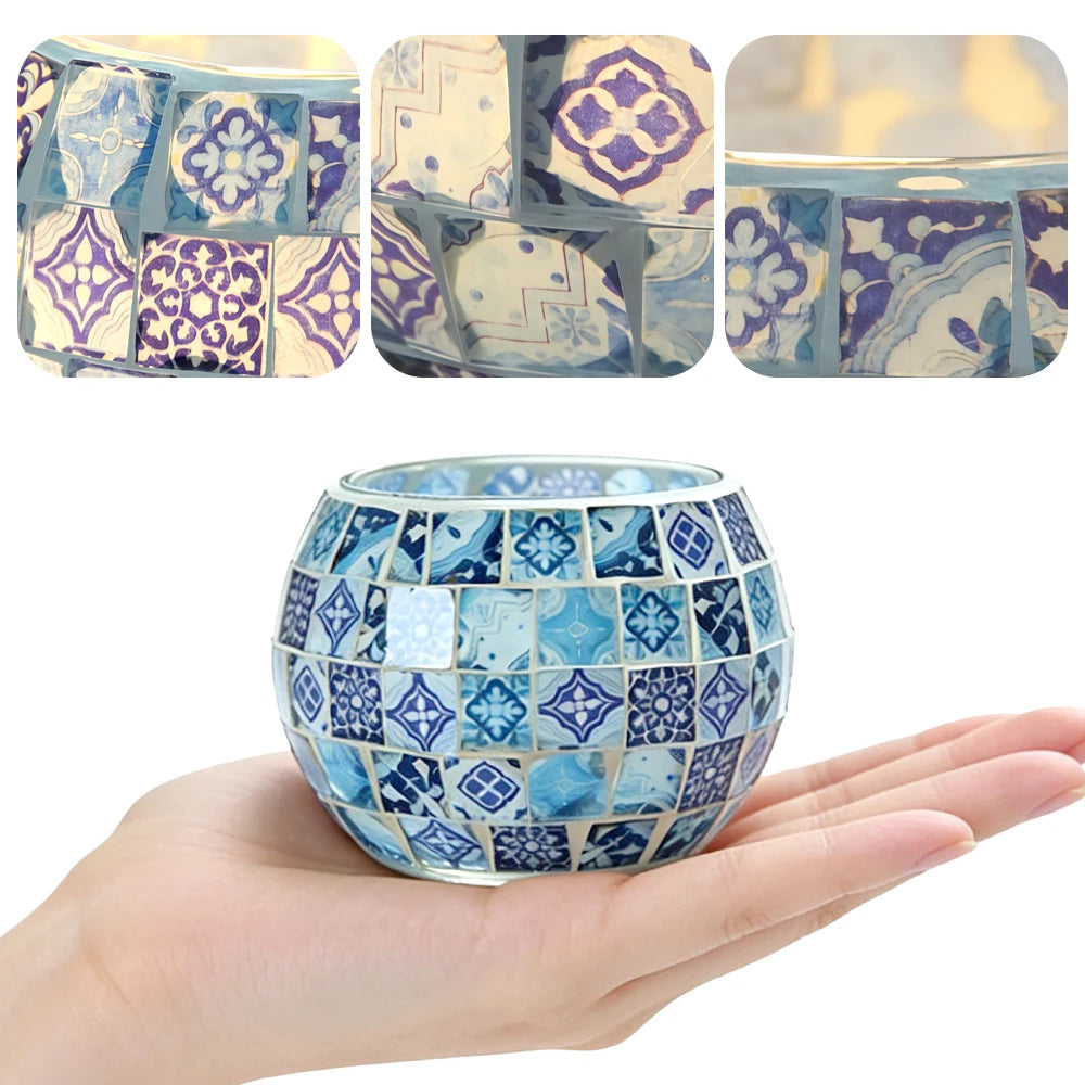 Photophore en verre mosaïque, style porcelaine bleu et blanc (vue 6) - Nesty