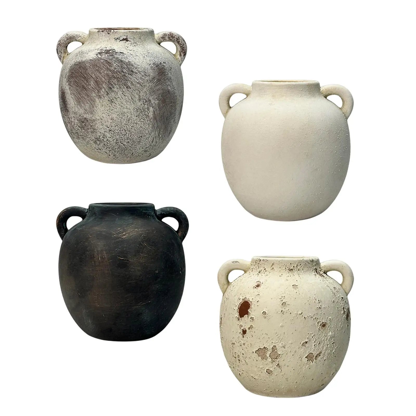 Vase rustique en céramique — esprit wabi-sabi - Nesty - Quatre coloris (gris brossé, écru mat, noir patiné, écru grêlé) vus de face sur fond blanc