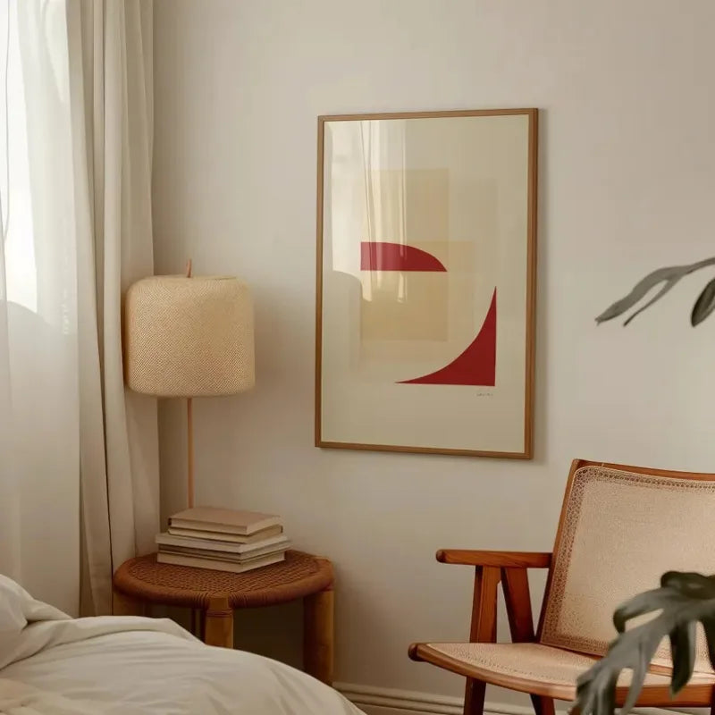 Toile imprimée géométrique texturée Nesty - Affiche encadrée de formes géométriques rouge et beige, accrochée au-dessus d'une table de chevet