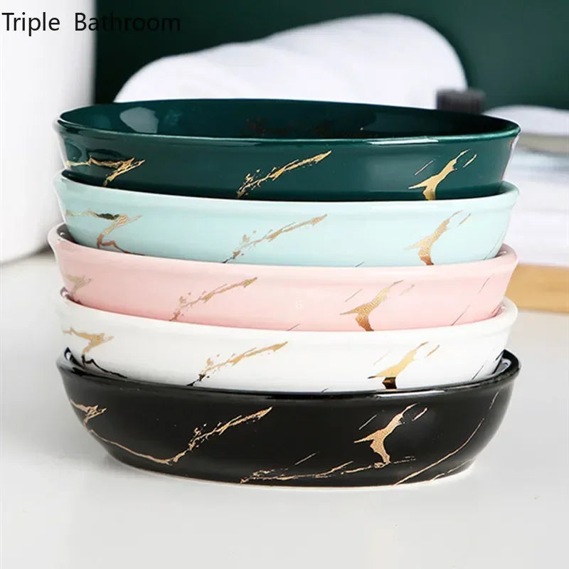 Porte-savon en céramique effet marbré, forme ronde Nesty, cinq coloris empilés, vert, turquoise, rose, blanc et noir, effet marbré doré