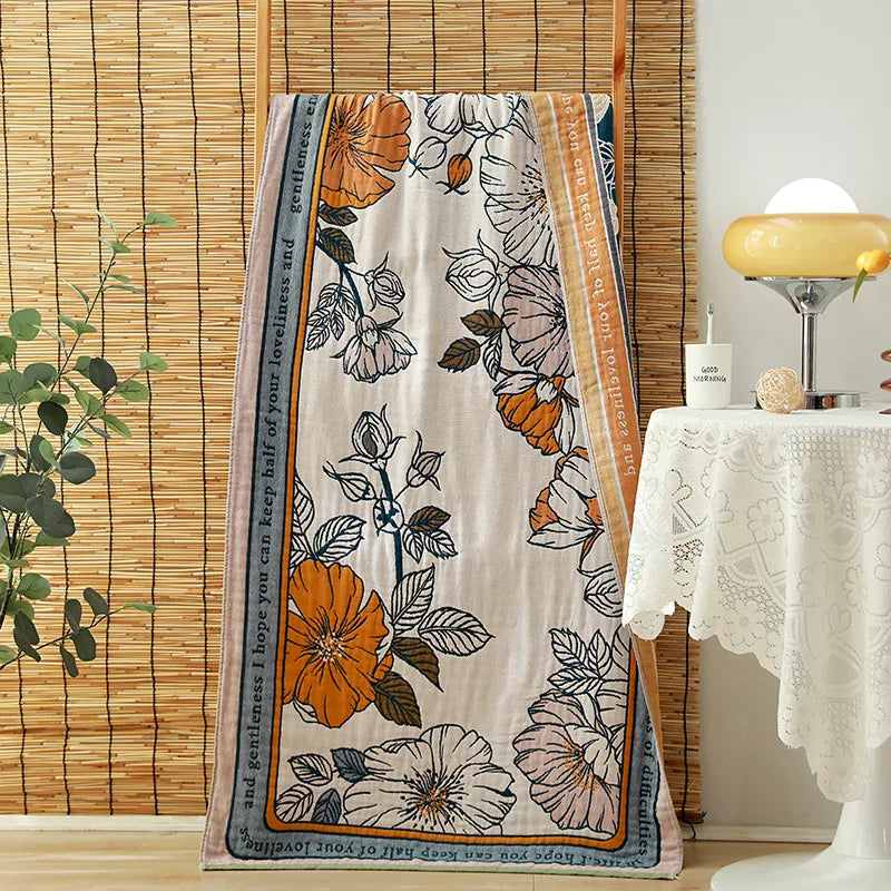 Serviette de bain en gaze de coton bio — motifs fleuris, 75 x 150 cm - Nesty (vue 10)
