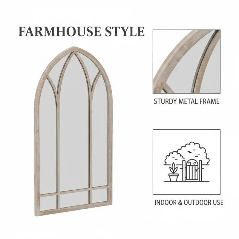 Miroir fenêtre en métal — grand format cintré - Nesty, miroir fenêtre cintré style ferme, détail sur le cadre métallique robuste, usage intérieur et extérieur