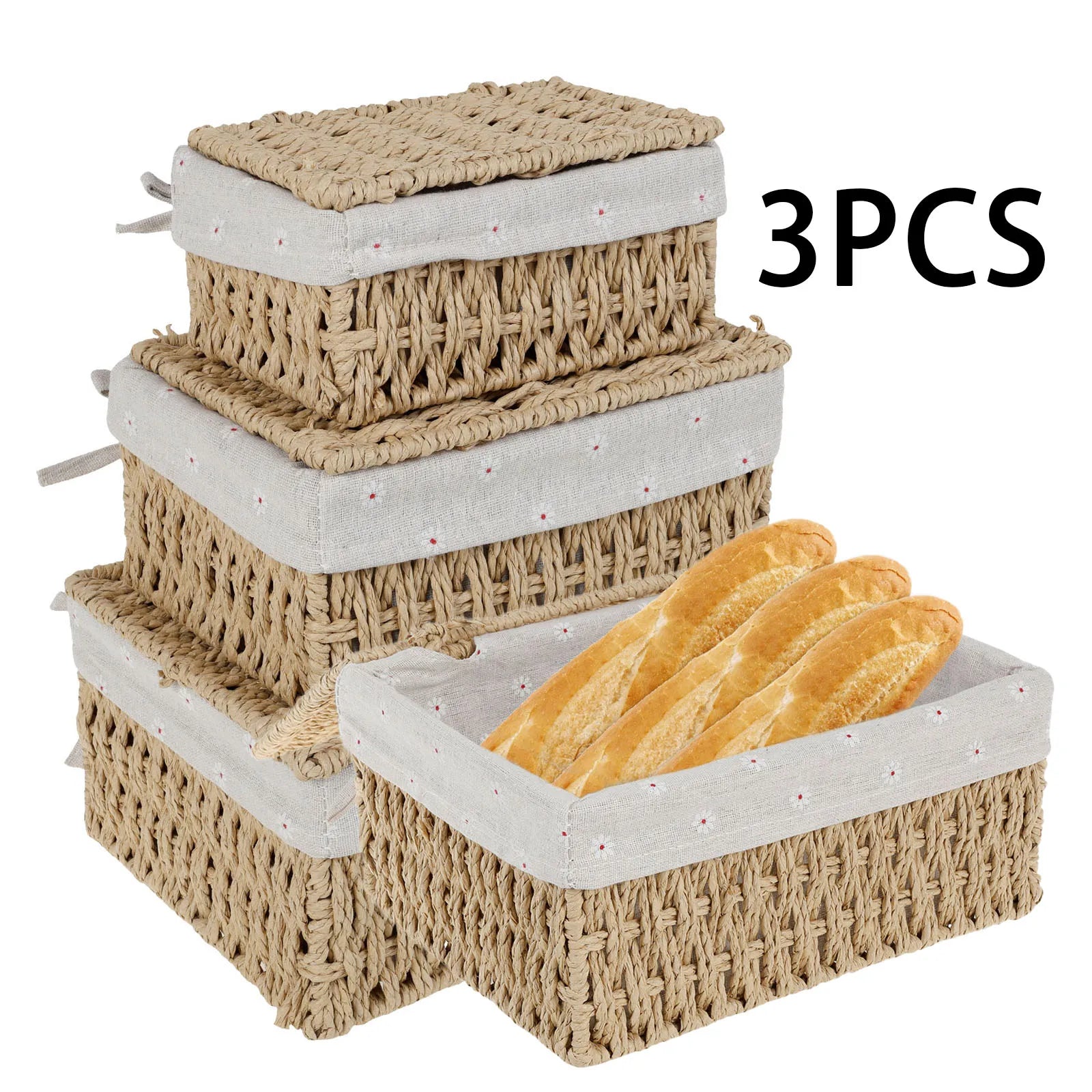 Lot de 3 paniers tressés en lin et coton avec couvercle - Nesty (vue 1)