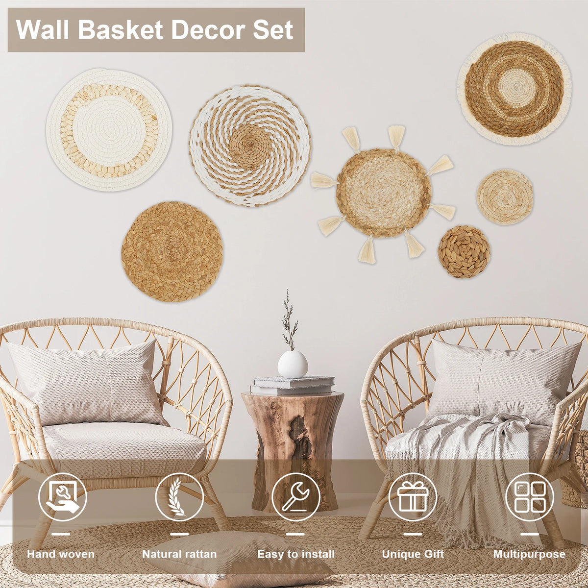 Lot de 7 paniers muraux tressés, décoration murale bohème - Nesty (vue 2)