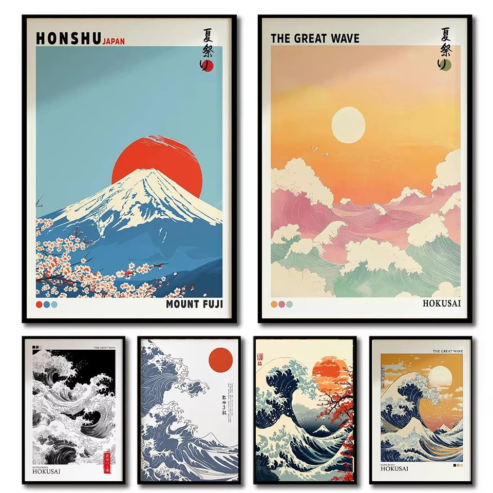 Toile murale vague japonaise Nesty - Modèles Mont Fuji et Grande Vague, avec variantes en noir et blanc