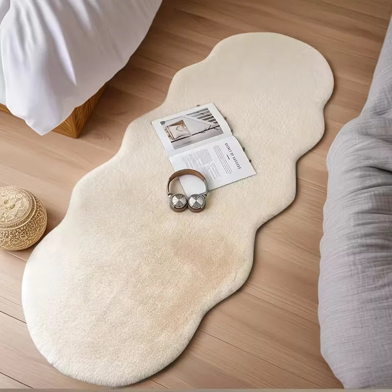 Tapis moelleux beige — pour chambre et bureau - Nesty, coloris ivoire en forme de nuage, au pied d'un lit avec un magazine et un casque audio