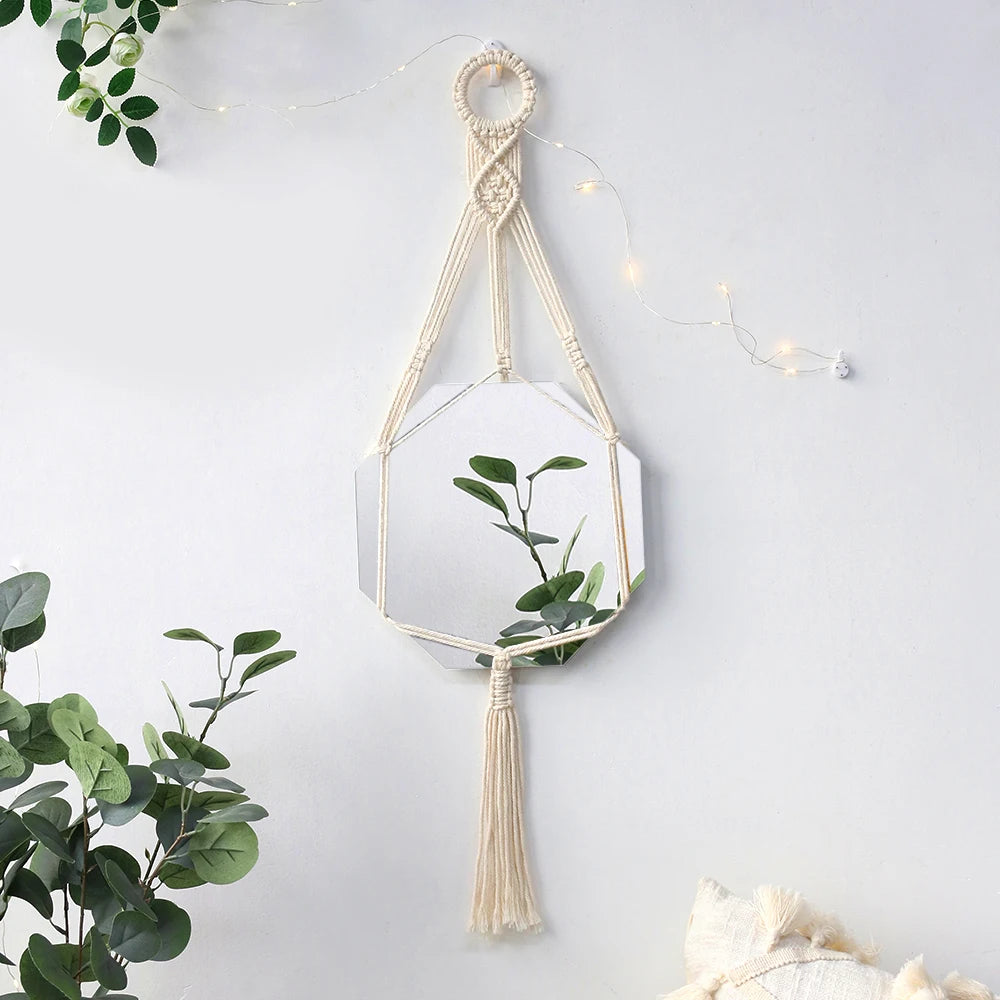 Petit miroir mural macramé rond, cadre blanc tressé (vue 9) - Nesty