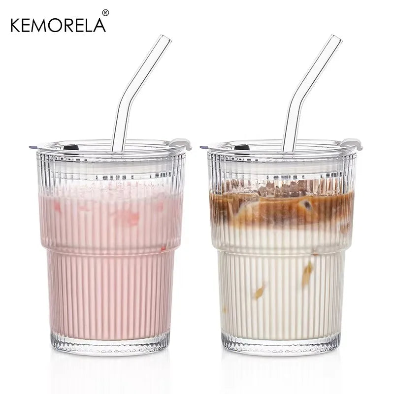 Verre à rayures en verre transparent 380 ml, avec couvercle et paille (vue 8) - Nesty