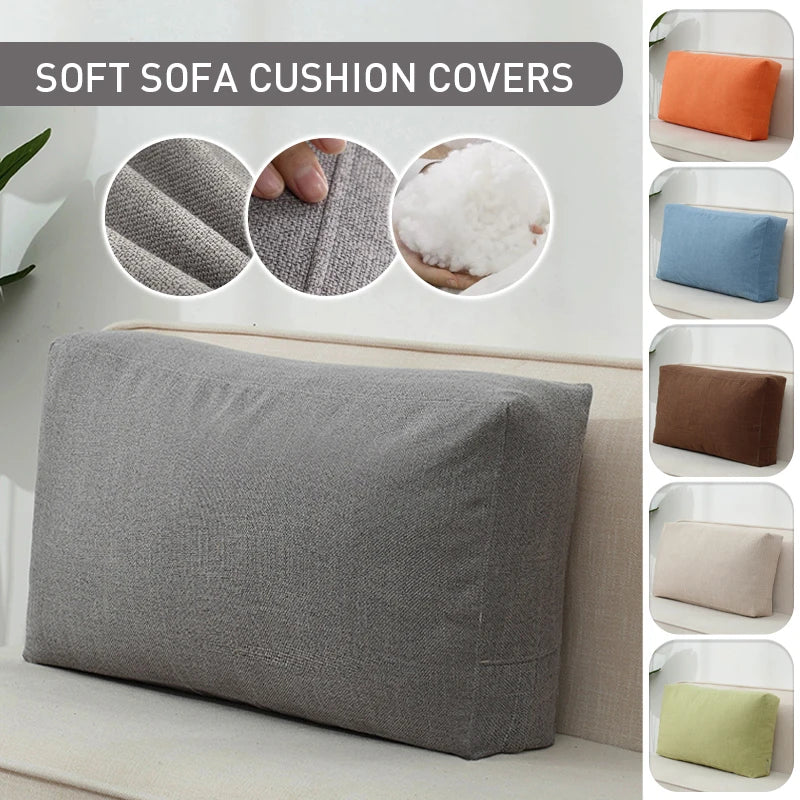 Housse de coussin rectangulaire en coton et lin, style nordique uni Nesty, coussin cale dossier gris en coton et lin sur canapé, médaillons montrant la texture du tissu et le garnissage en ouate, nuancier de cinq coloris